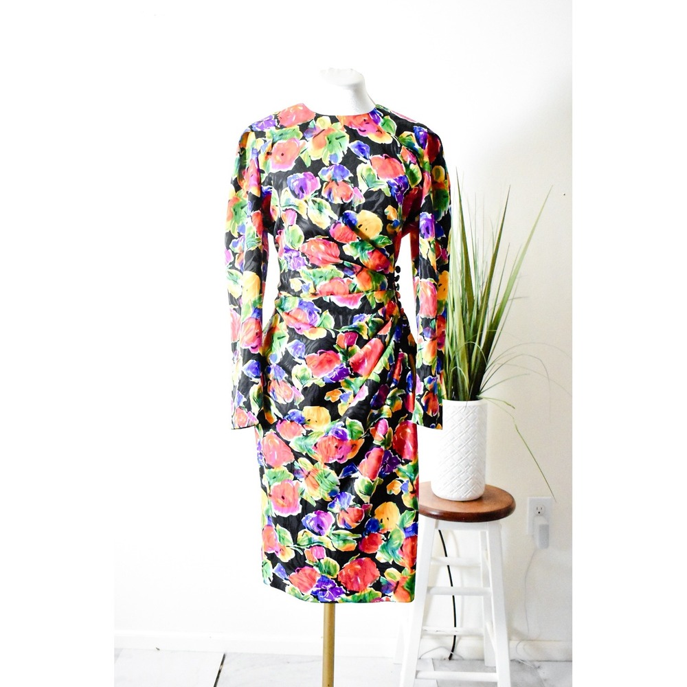 Papell Petites Floral Sheath Dress Women 6 Multicolor 80s Vintage Draped Ruched